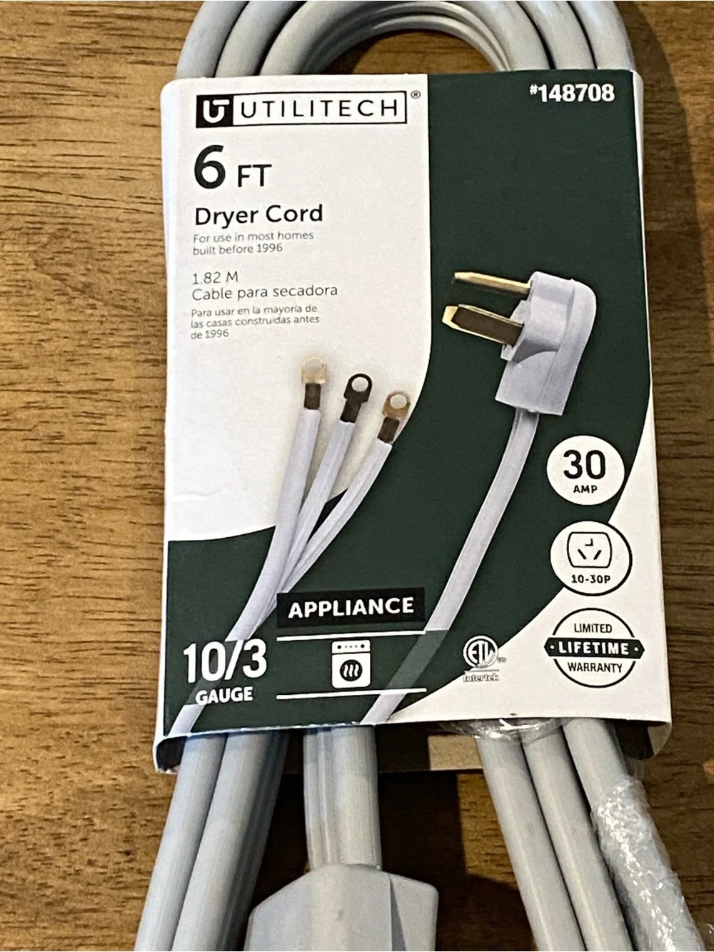 6 ft Gray Dryer Cord - 30A 10/3 Gauge